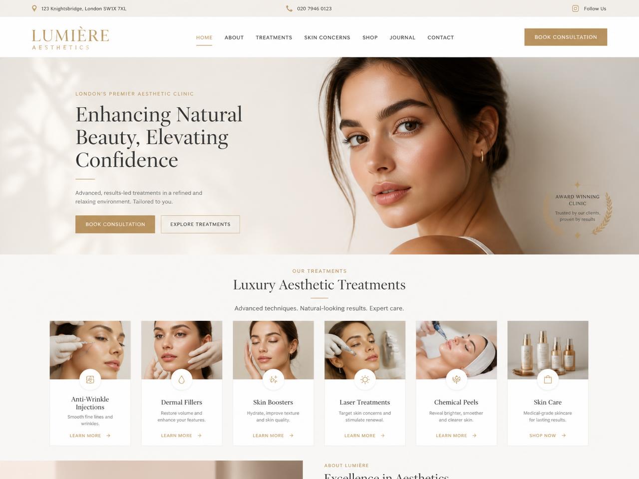 Aesthetic Clinic website design for Lumière Aesthetics