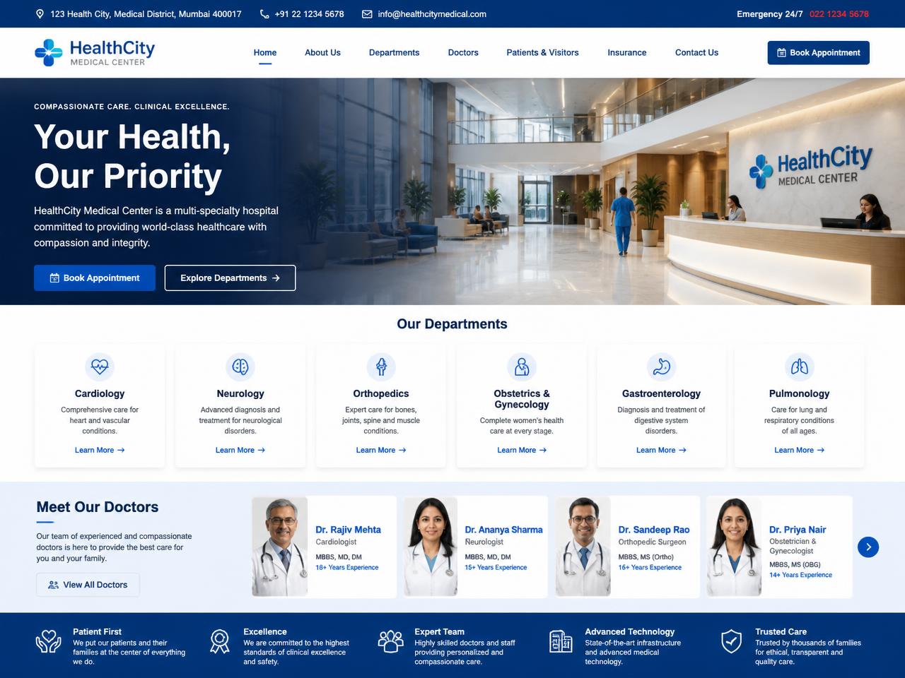 Multi-Specialty Medical Center website design for HealthCity Medical Center