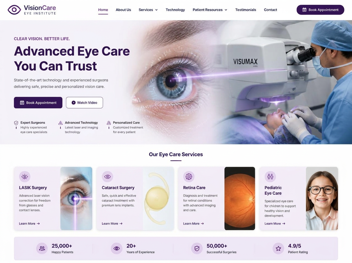 Eye Surgery & Ophthalmology Clinic website design for VisionCare Eye Institute